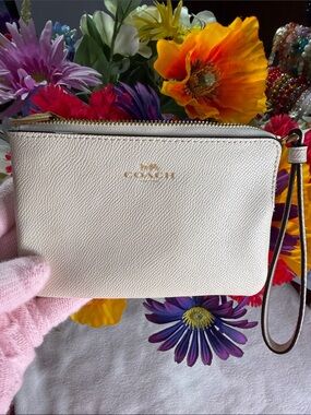 Coach Chalk Pebble Leather Wristlet with Gold Logo